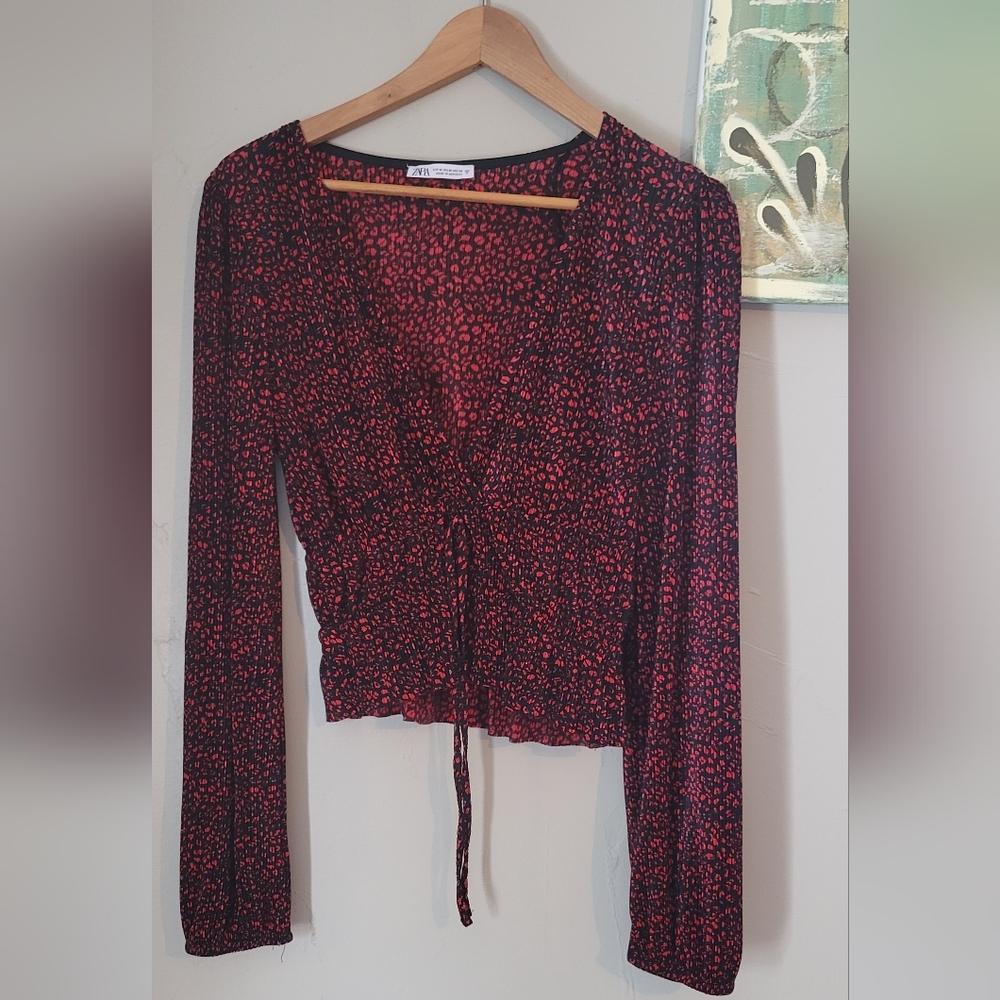 Zara Black and Red Blouse with Tie Front